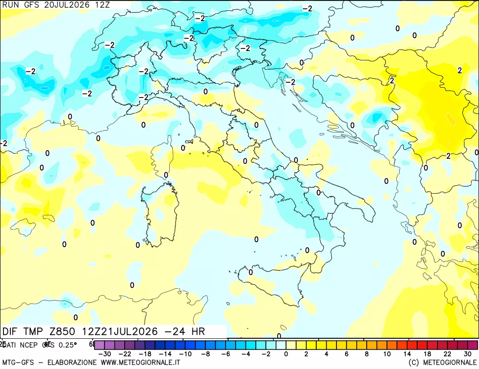 mappa Dif. Temp a 850 hPa Valid - Init