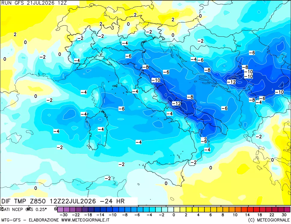 mappa Dif. Temp a 850 hPa Valid - Init