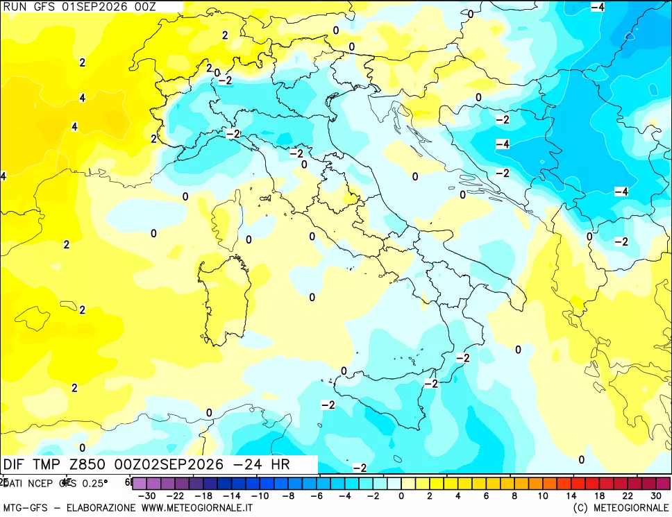 mappa Dif. Temp a 850 hPa Valid - Init