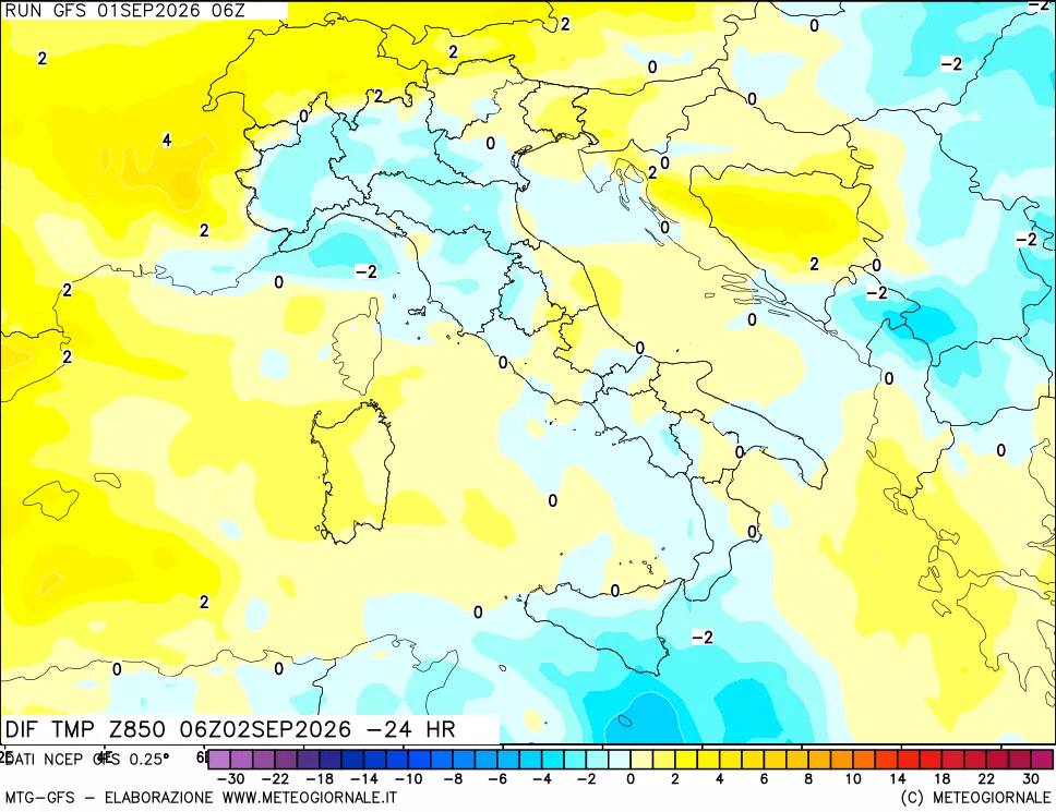 mappa Dif. Temp a 850 hPa Valid - Init