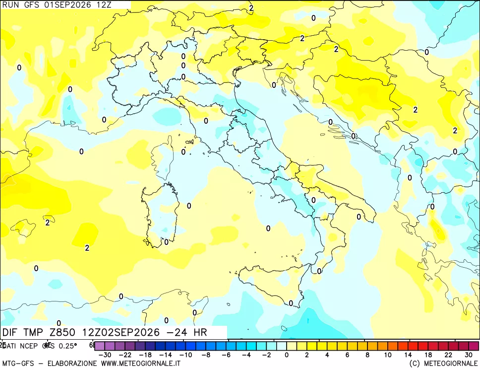 mappa Dif. Temp a 850 hPa Valid - Init
