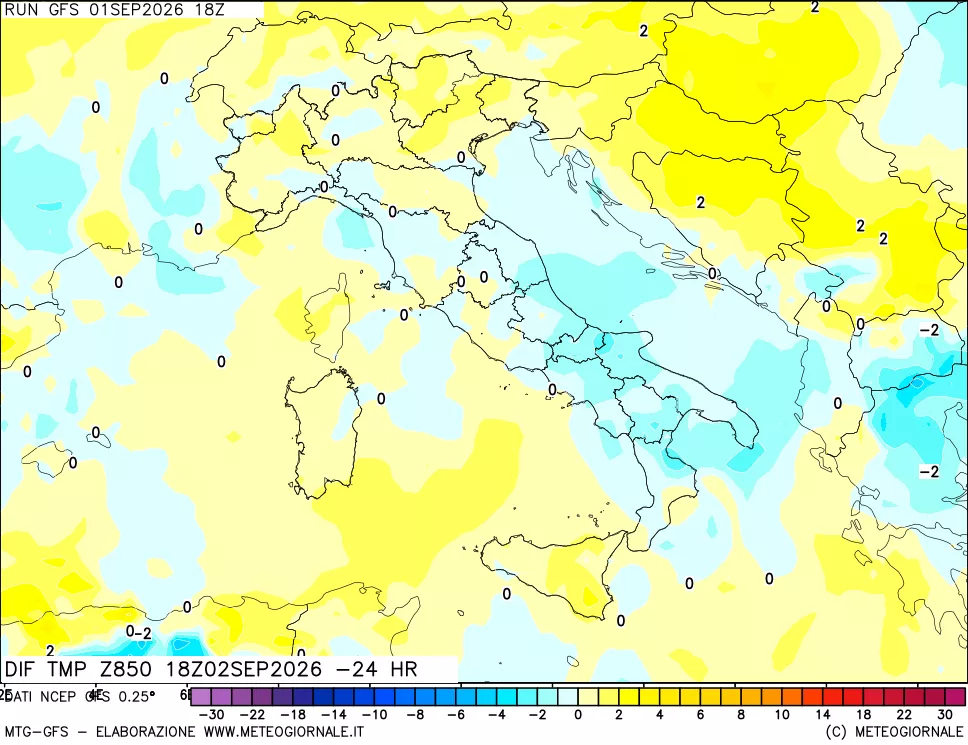 mappa Dif. Temp a 850 hPa Valid - Init