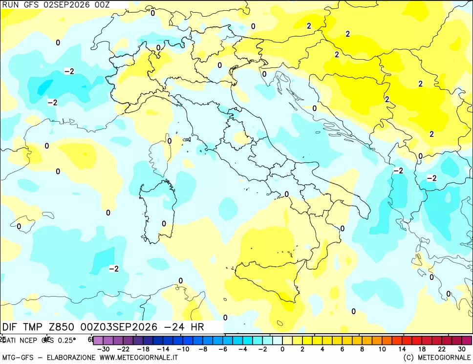 mappa Dif. Temp a 850 hPa Valid - Init