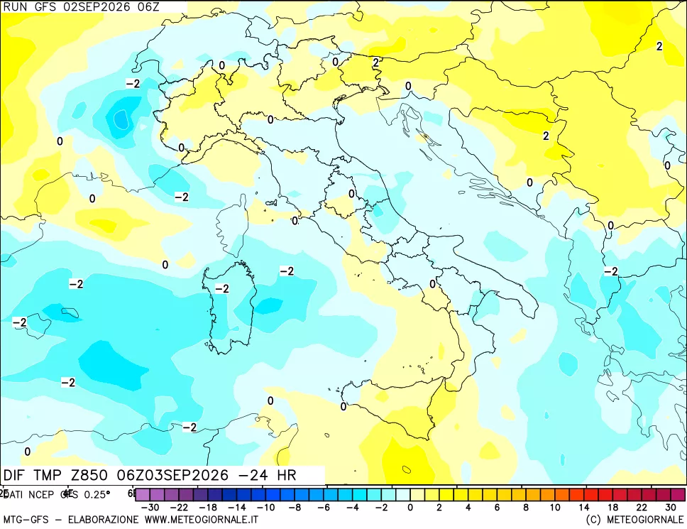 mappa Dif. Temp a 850 hPa Valid - Init