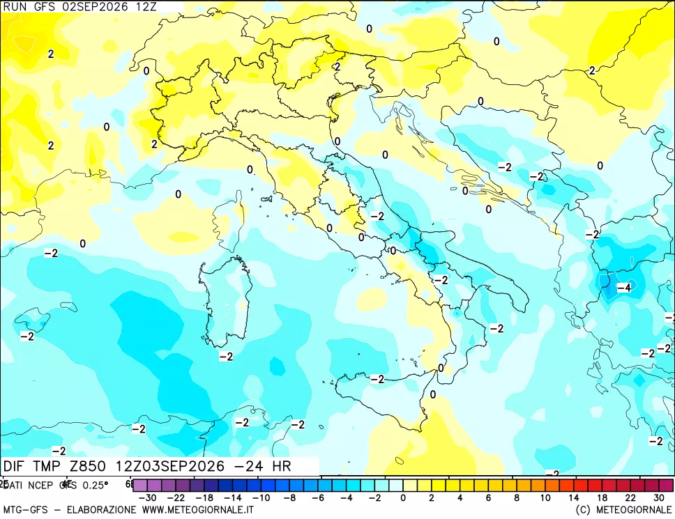 mappa Dif. Temp a 850 hPa Valid - Init