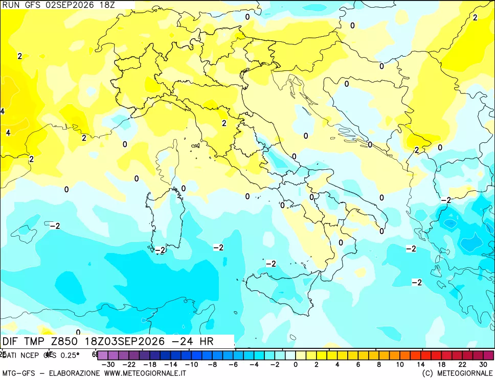 mappa Dif. Temp a 850 hPa Valid - Init