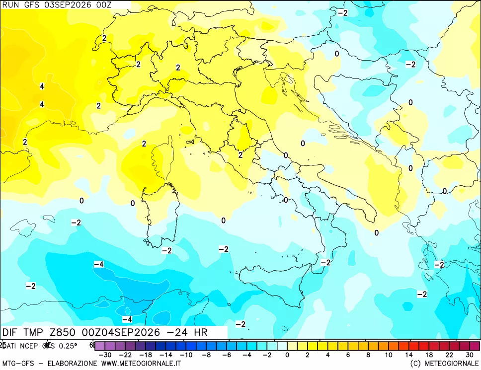 mappa Dif. Temp a 850 hPa Valid - Init