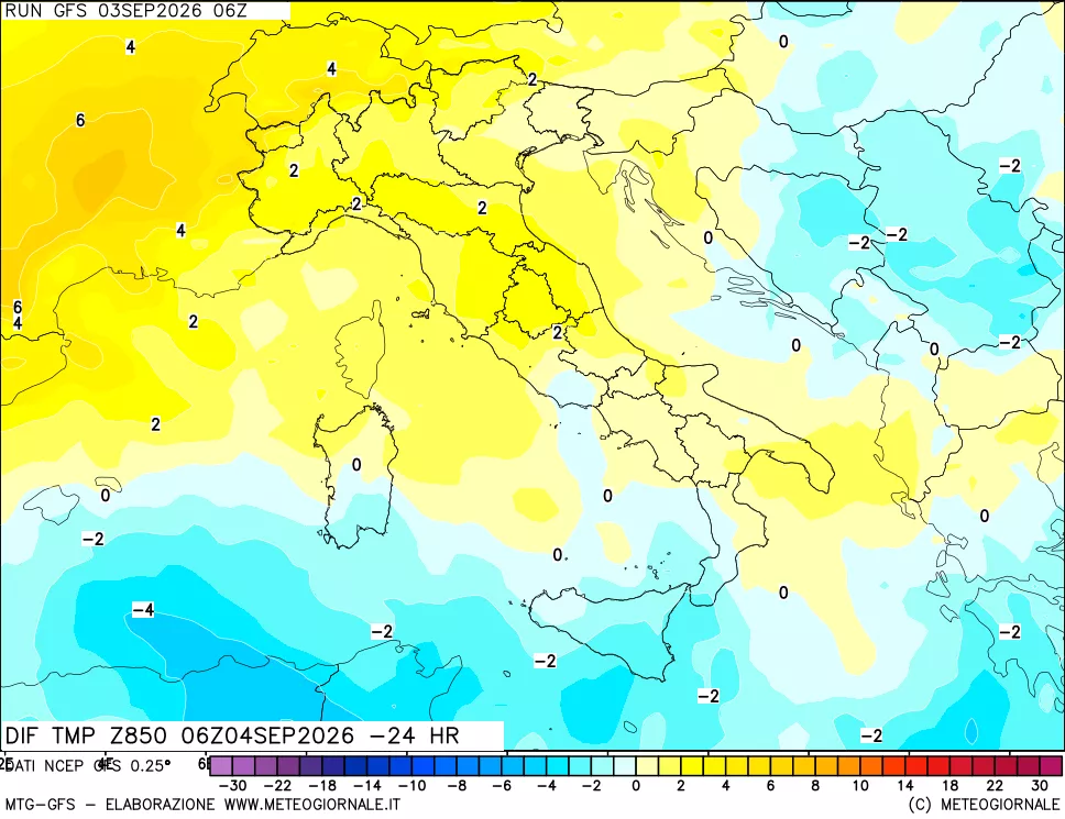 mappa Dif. Temp a 850 hPa Valid - Init