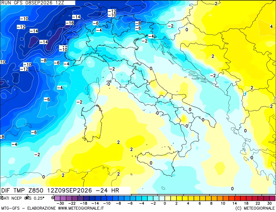 mappa Dif. Temp a 850 hPa Valid - Init
