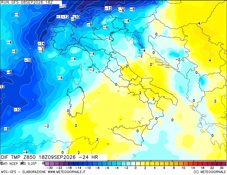 mappa Dif. Temp a 850 hPa Valid - Init