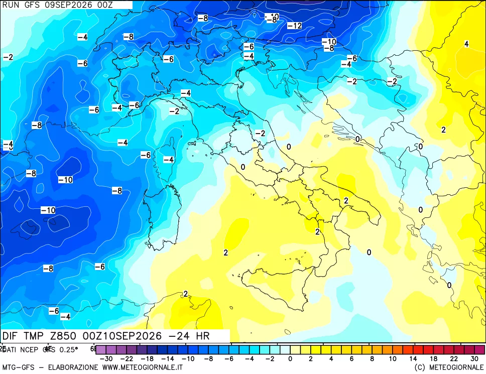 mappa Dif. Temp a 850 hPa Valid - Init