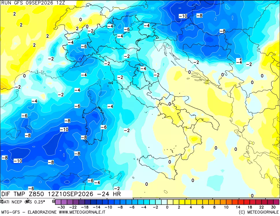 mappa Dif. Temp a 850 hPa Valid - Init