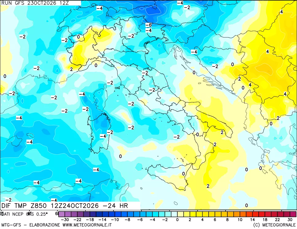 mappa Dif. Temp a 850 hPa Valid - Init