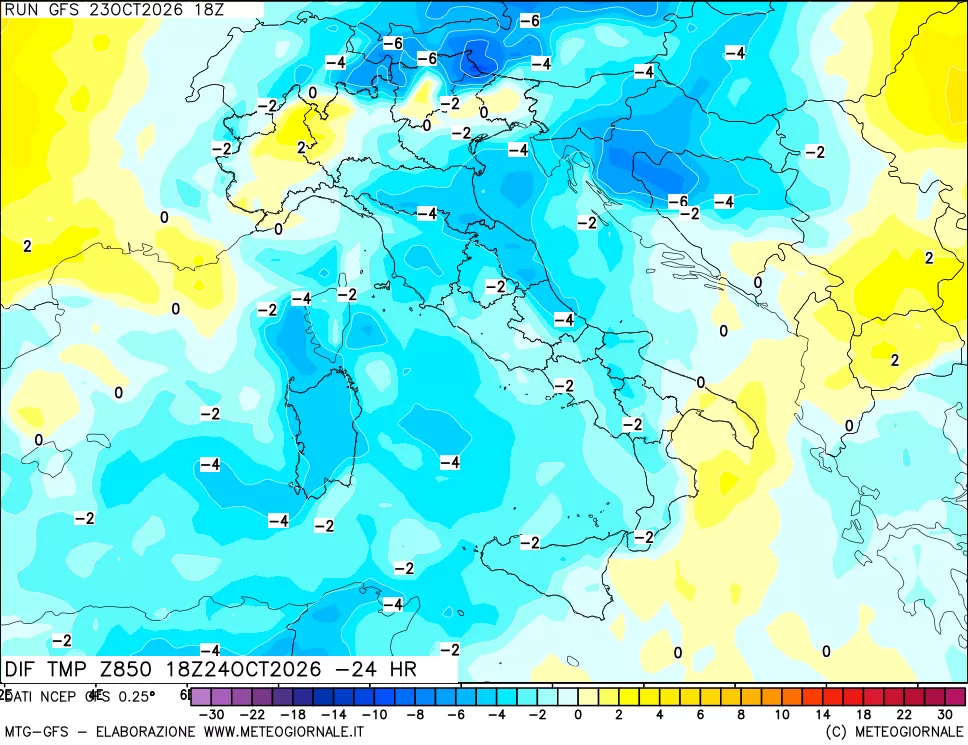 mappa Dif. Temp a 850 hPa Valid - Init