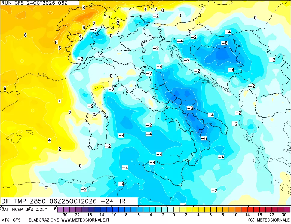 mappa Dif. Temp a 850 hPa Valid - Init
