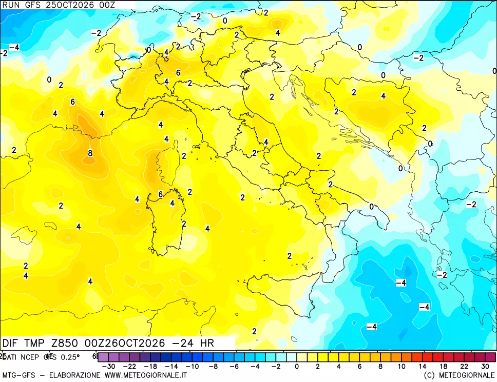 mappa Dif. Temp a 850 hPa Valid - Init
