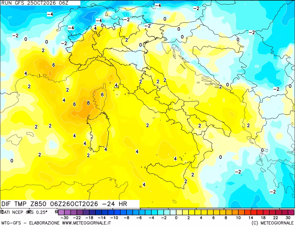 mappa Dif. Temp a 850 hPa Valid - Init