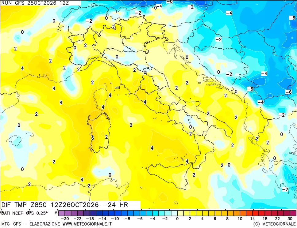 mappa Dif. Temp a 850 hPa Valid - Init
