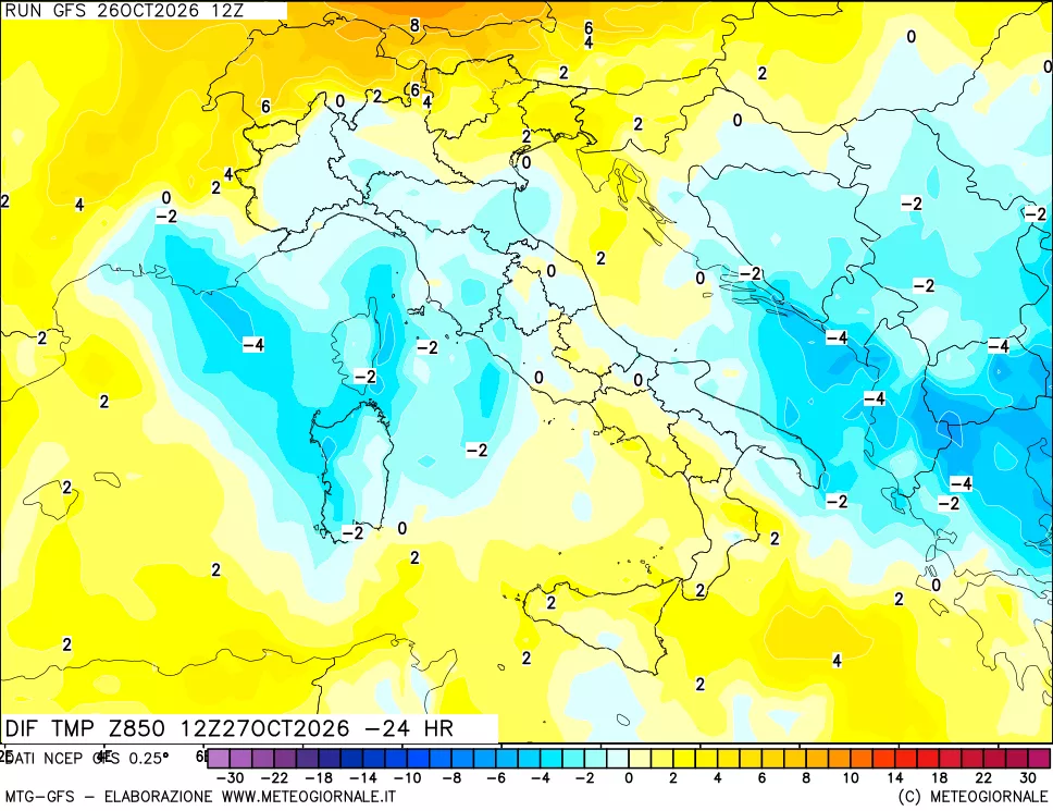 mappa Dif. Temp a 850 hPa Valid - Init