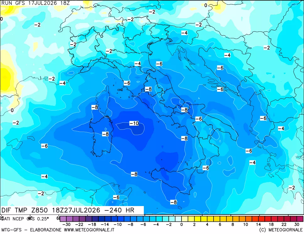 mappa Dif. Temp a 850 hPa Valid - Init