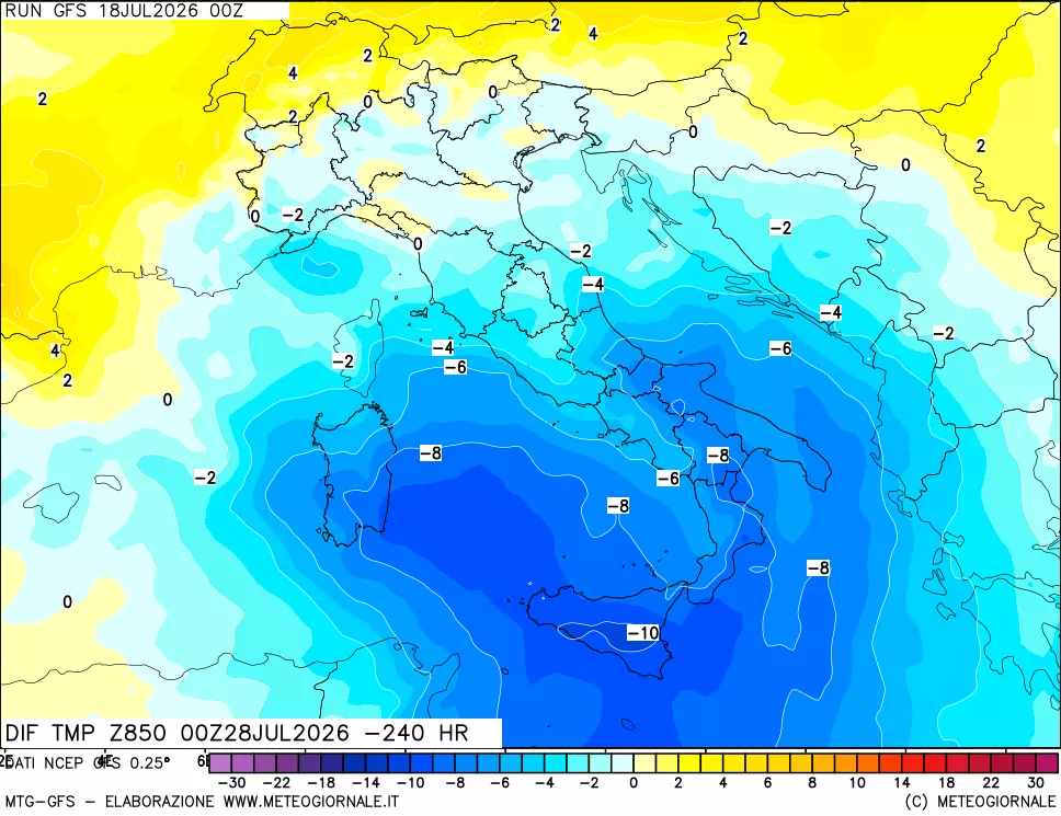mappa Dif. Temp a 850 hPa Valid - Init