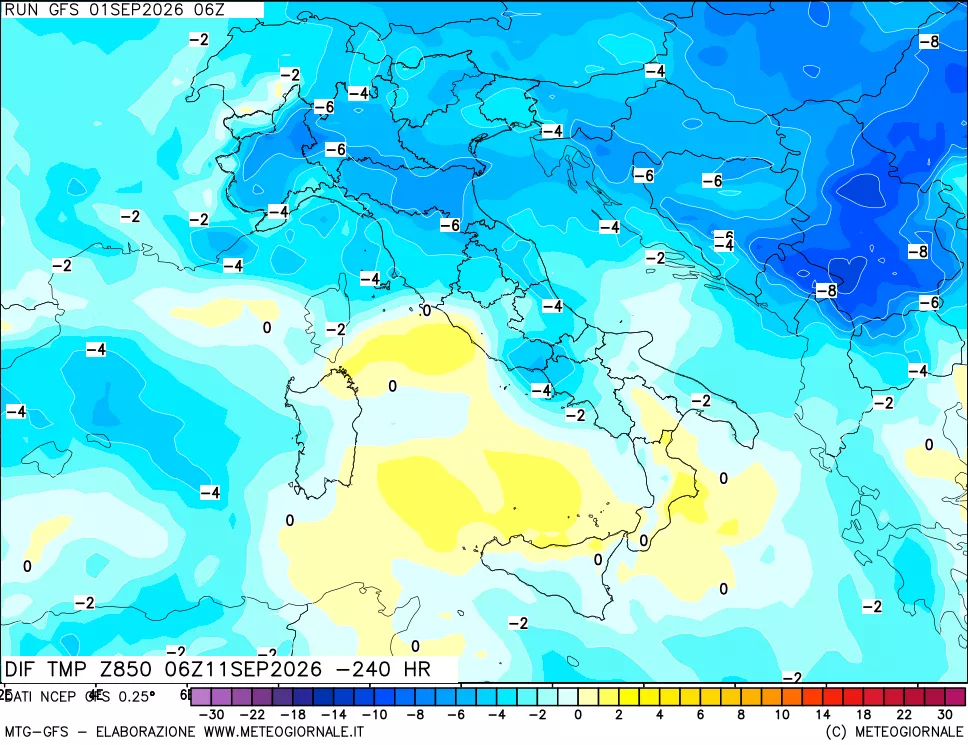 mappa Dif. Temp a 850 hPa Valid - Init