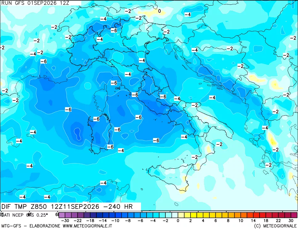 mappa Dif. Temp a 850 hPa Valid - Init