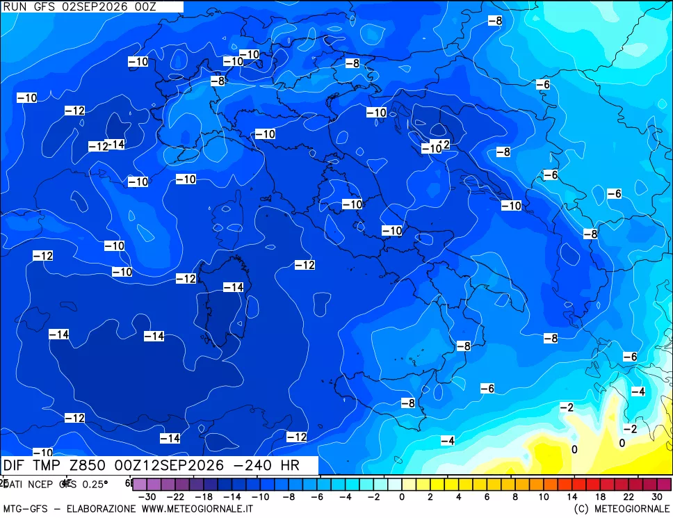 mappa Dif. Temp a 850 hPa Valid - Init