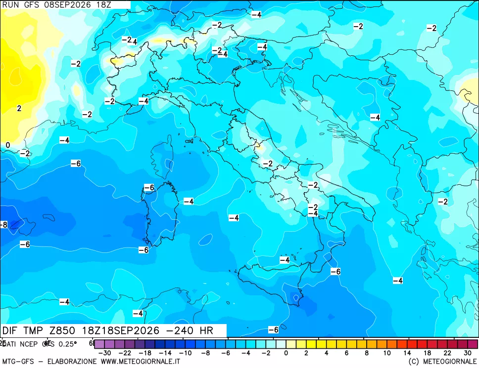 mappa Dif. Temp a 850 hPa Valid - Init