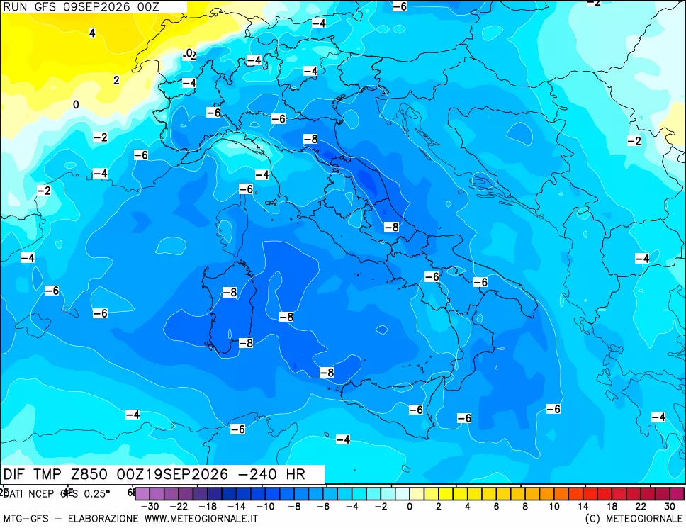 mappa Dif. Temp a 850 hPa Valid - Init