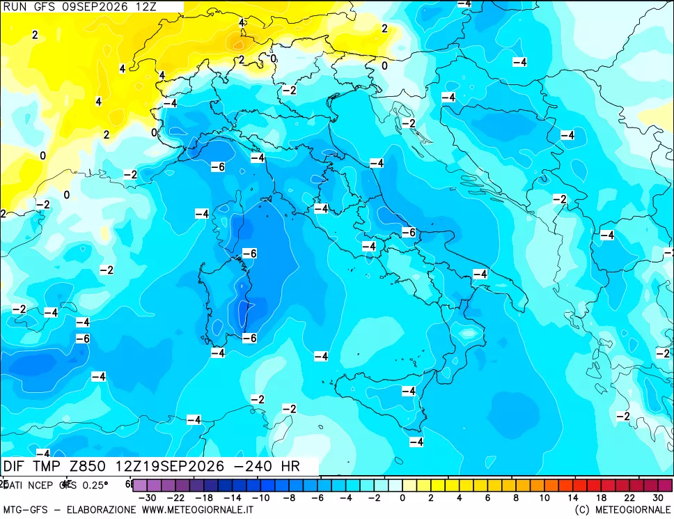 mappa Dif. Temp a 850 hPa Valid - Init