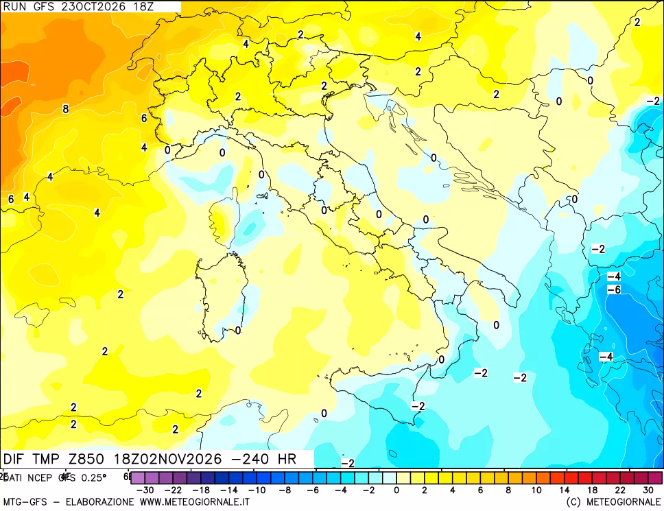 mappa Dif. Temp a 850 hPa Valid - Init