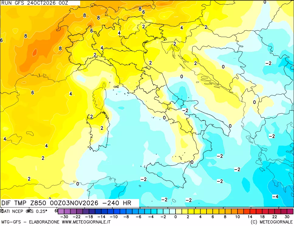 mappa Dif. Temp a 850 hPa Valid - Init