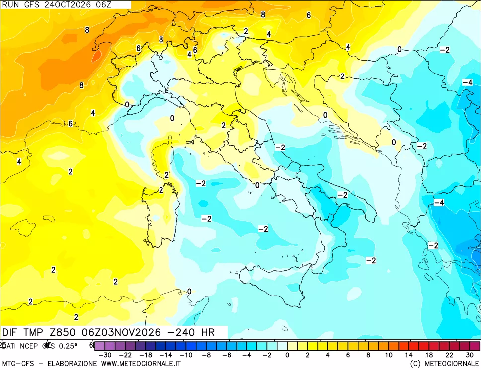mappa Dif. Temp a 850 hPa Valid - Init