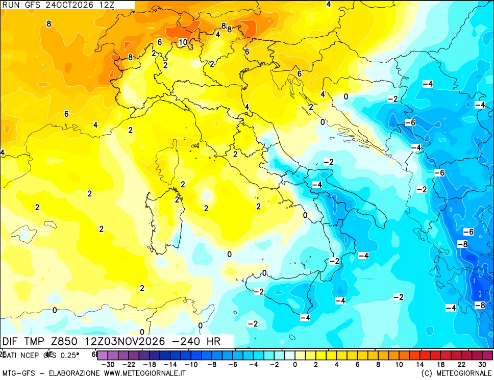 mappa Dif. Temp a 850 hPa Valid - Init