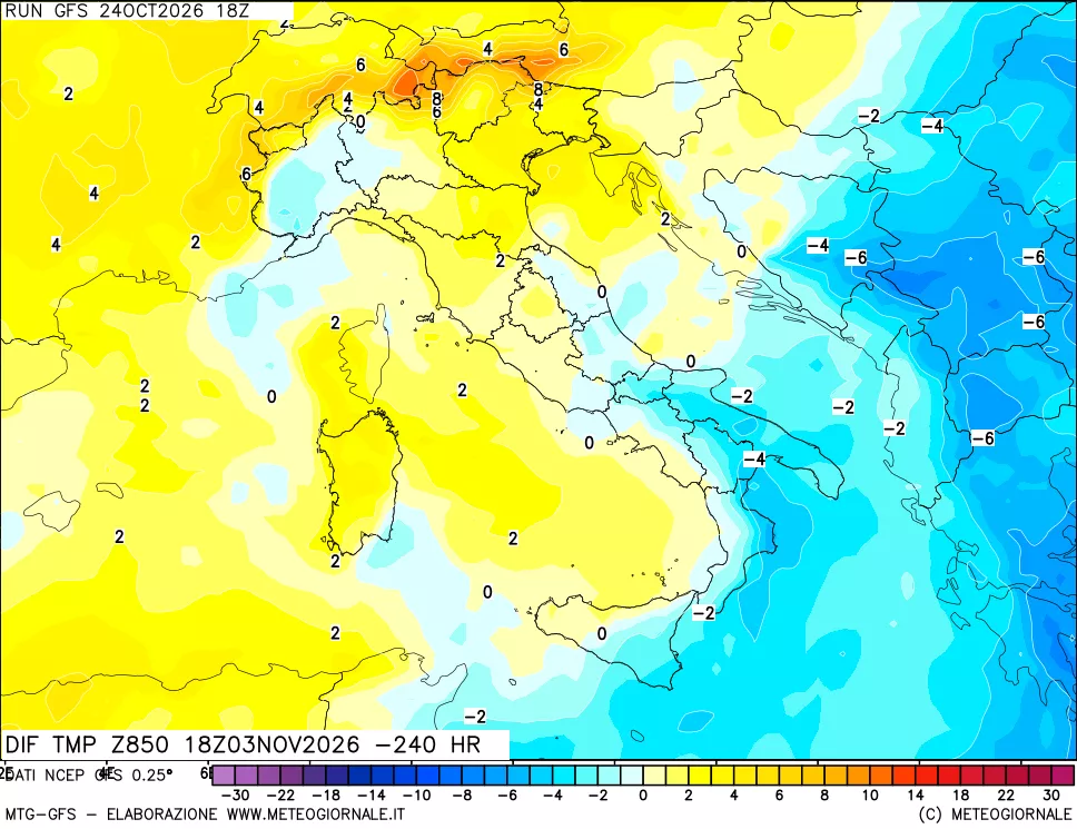 mappa Dif. Temp a 850 hPa Valid - Init