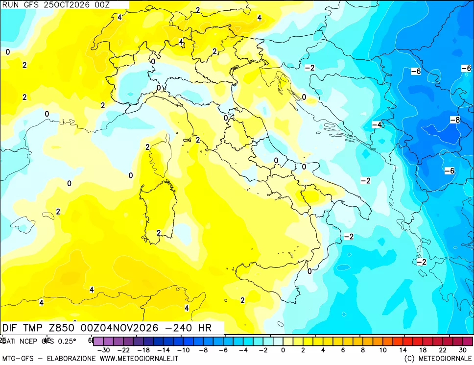 mappa Dif. Temp a 850 hPa Valid - Init