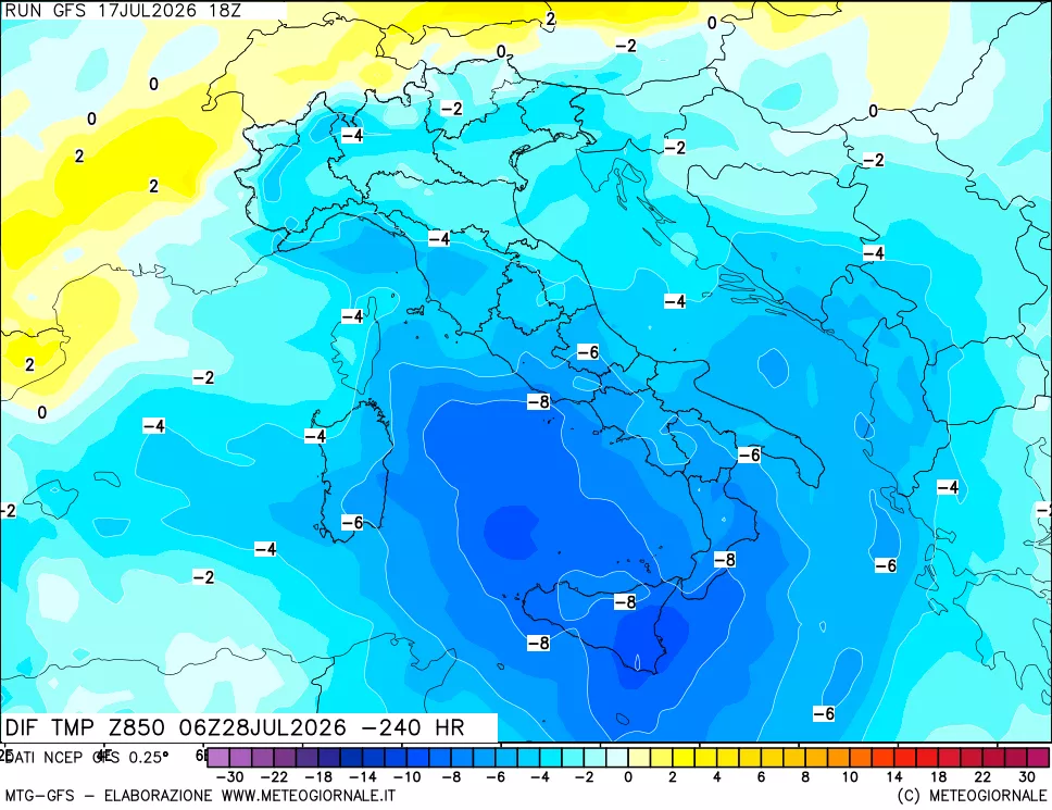 mappa Dif. Temp a 850 hPa Valid - Init