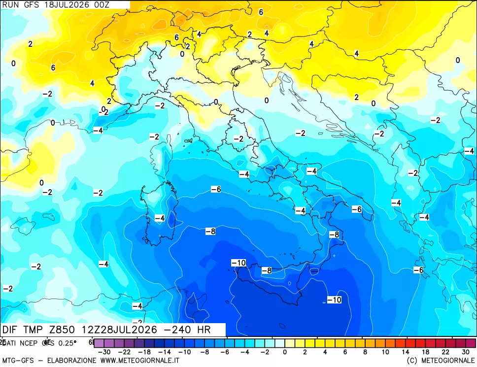 mappa Dif. Temp a 850 hPa Valid - Init