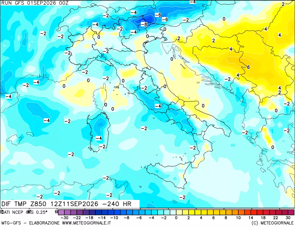 mappa Dif. Temp a 850 hPa Valid - Init
