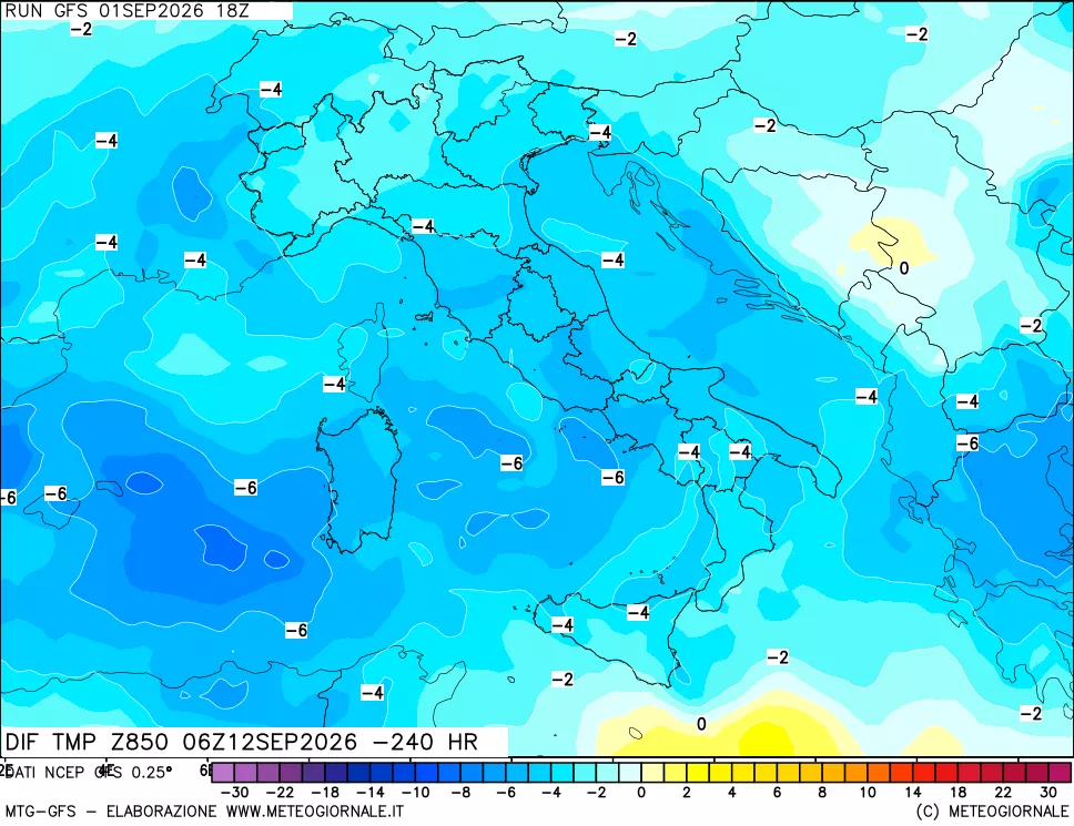 mappa Dif. Temp a 850 hPa Valid - Init