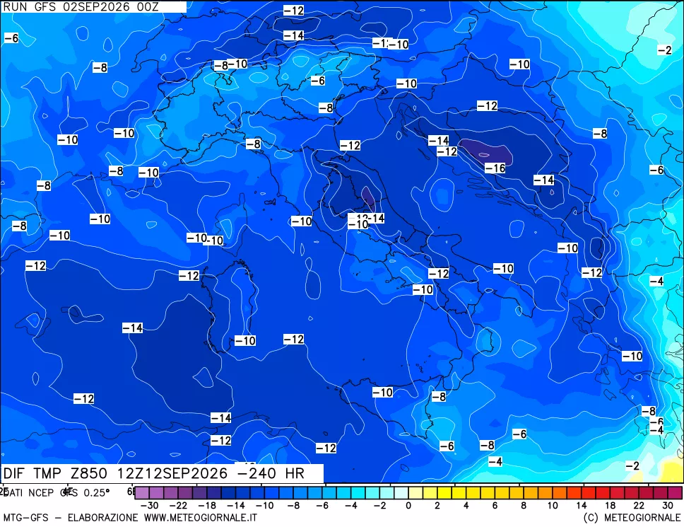mappa Dif. Temp a 850 hPa Valid - Init