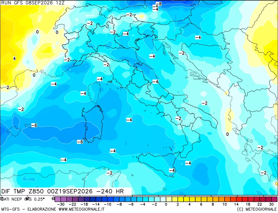 mappa Dif. Temp a 850 hPa Valid - Init