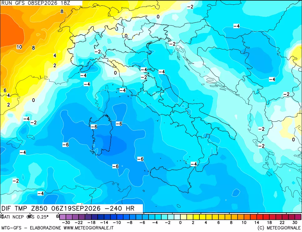 mappa Dif. Temp a 850 hPa Valid - Init