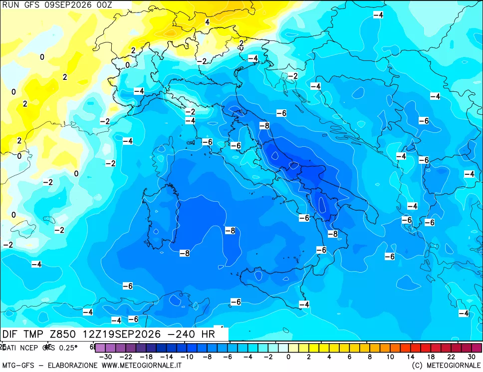 mappa Dif. Temp a 850 hPa Valid - Init