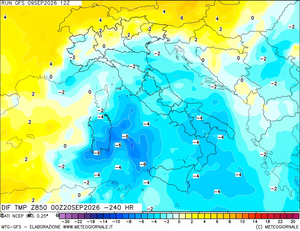 mappa Dif. Temp a 850 hPa Valid - Init