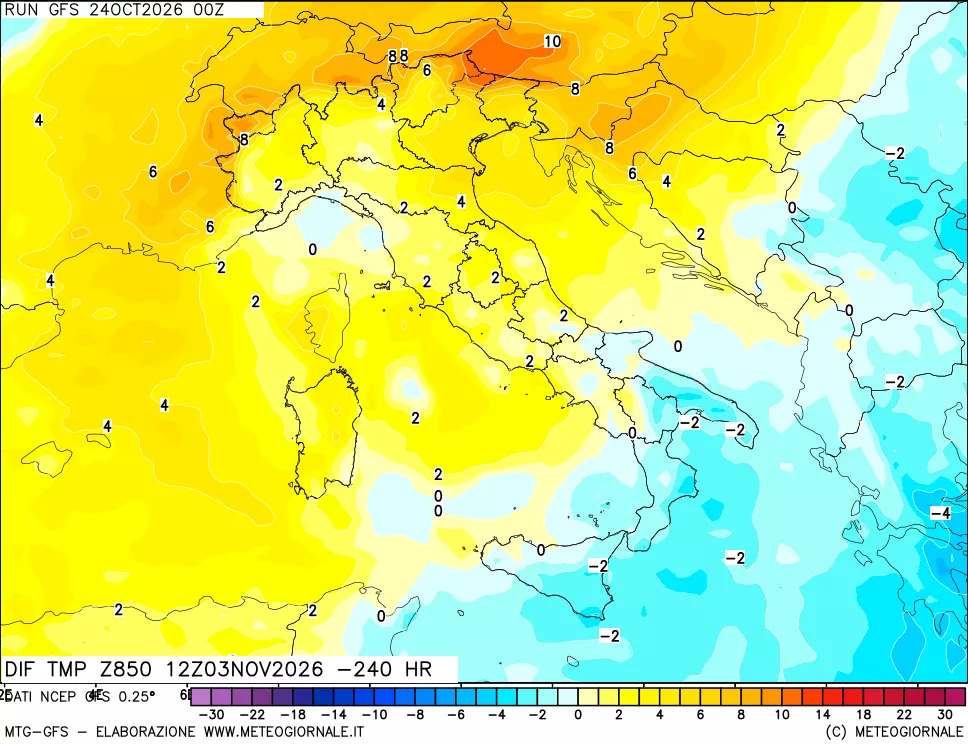 mappa Dif. Temp a 850 hPa Valid - Init