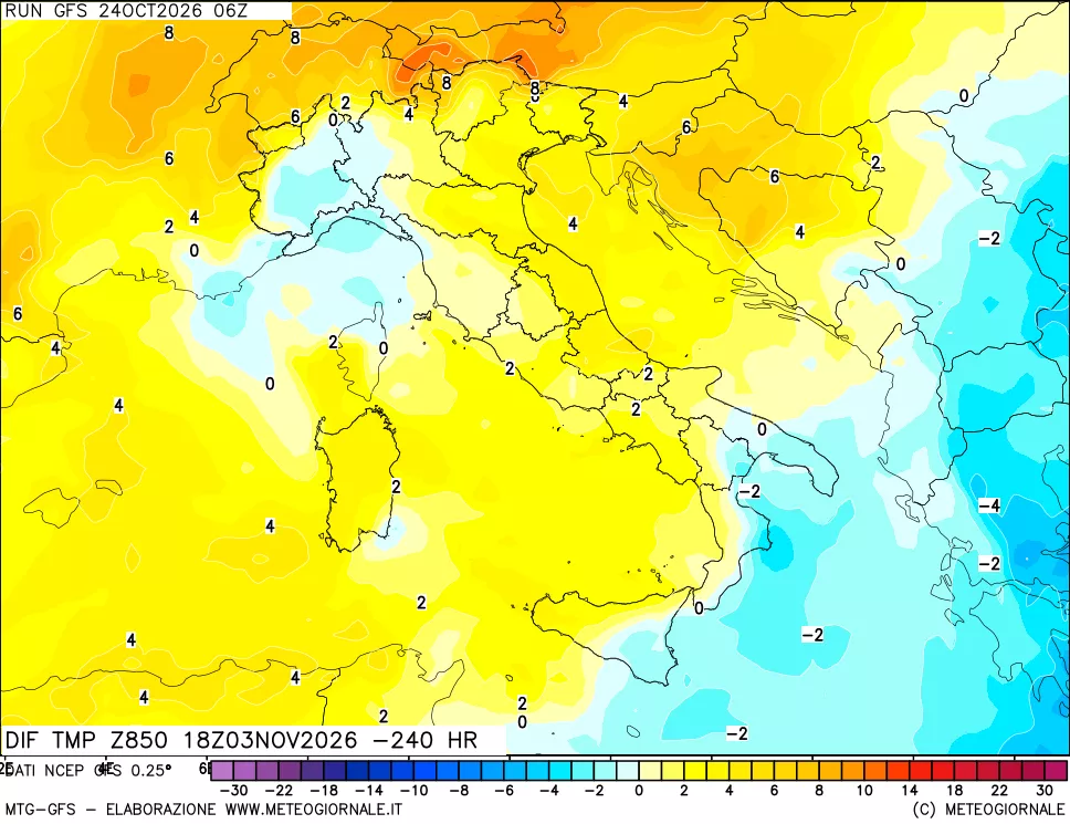mappa Dif. Temp a 850 hPa Valid - Init