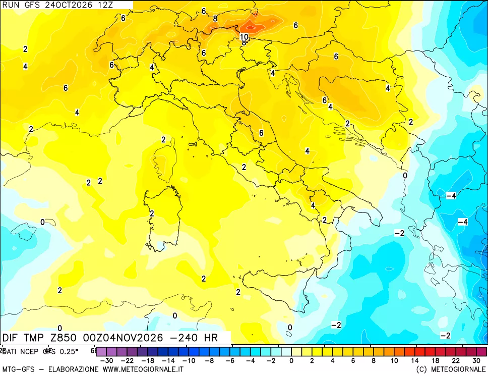 mappa Dif. Temp a 850 hPa Valid - Init