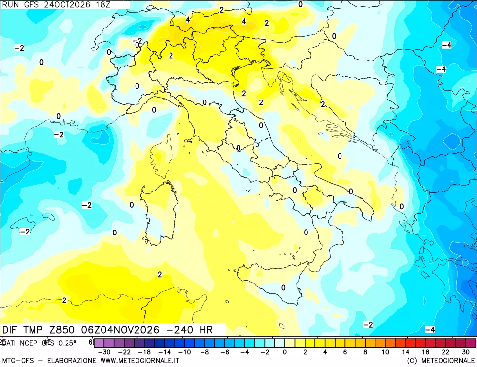 mappa Dif. Temp a 850 hPa Valid - Init